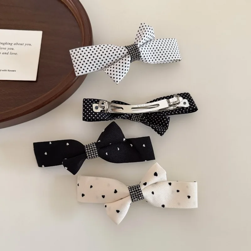 2026 Satin Polka Dot Bowknot Hair Clip for Women Vintage French Style Asymmetric Half Up Ponytail Spring Clip Hair Accessory