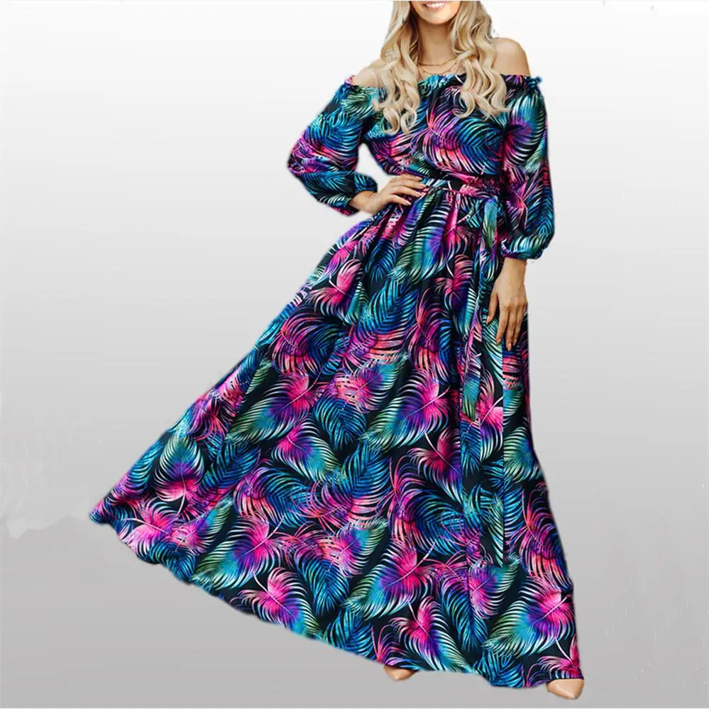 플로럴 프린트 오프숄더 여름 드레스 스트리트 스타일 루즈핏 소프트 폴리에스터 미디엄 스트레치 가을 착용