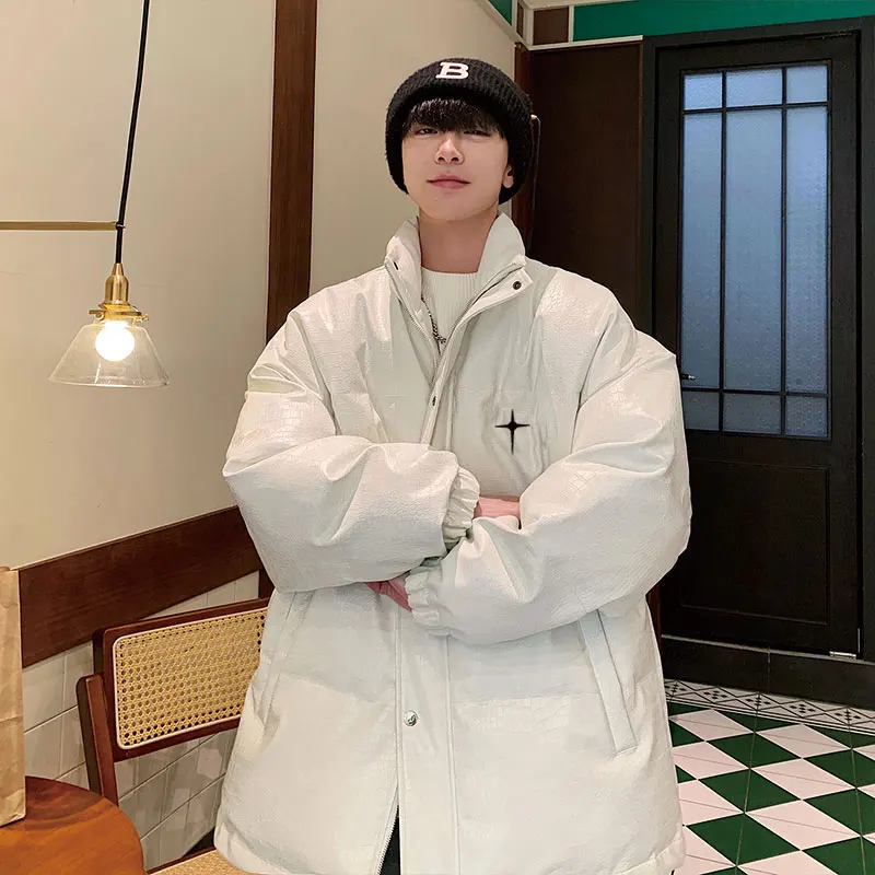 

Men's Thiened Winter Jaet Alligator Pattern PU Leather Cotton Coat Stand Collar Bread Sle Outerwear American High Street