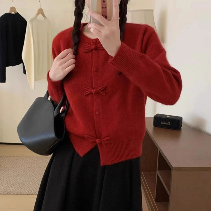 Korean Round Neck Gray Knitted Cardigans Women 2025 Design Buttons Long Sleeve Cardigan Woman Chic Solid Color Wrm Sweater Coats