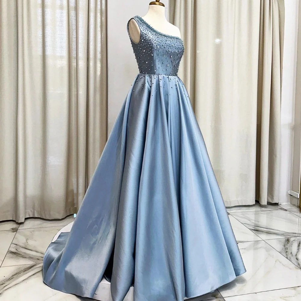 Customized Satin Pleat Formal Evening A-line One-shoulder Bespoke Occasion Gown Long Dresses