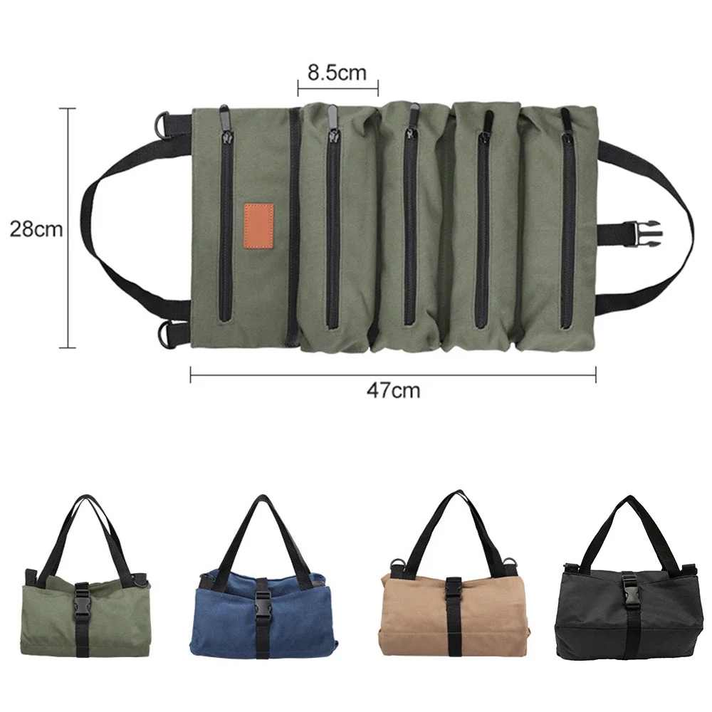 Tool Storage Bag Waterproof Canvas Five Grid Pocket Rollable Hand Bag for Tools Wrench Screwdriver Socket Pliers Organizer Bag