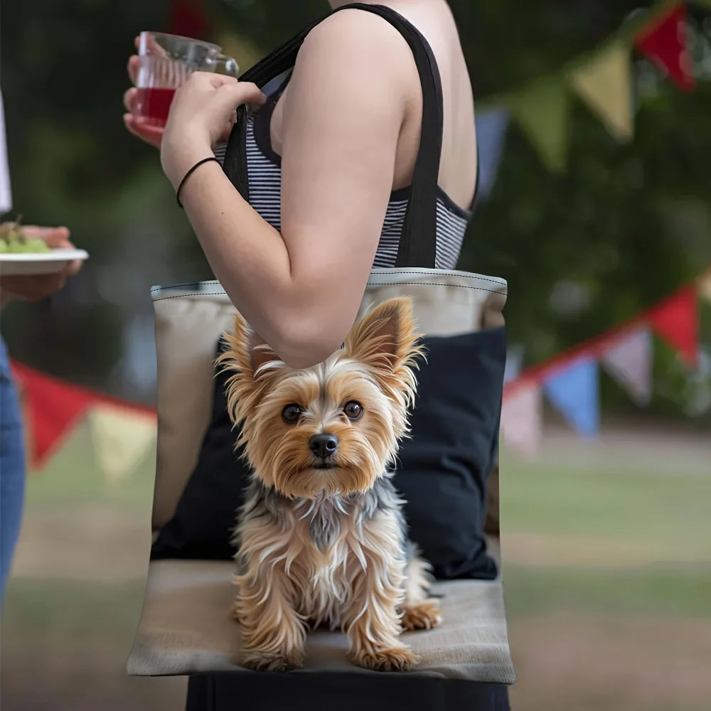 1pc Chic Dog Print Tote Bag Polyester Shopping Bag with Adorable Yorkie Design Reusable for Women Casual Shoulder Pouch