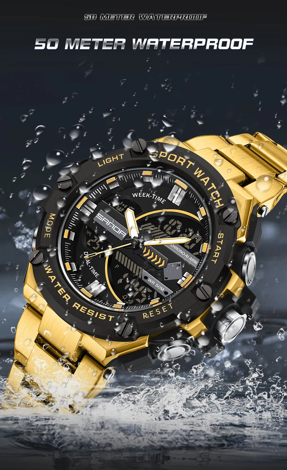 SANDA 3185 New Design For Men Stainless Steel Strap Alarm Mode Waterproof Shock Resistant Outdoor Sports Chronograph Wristwatch