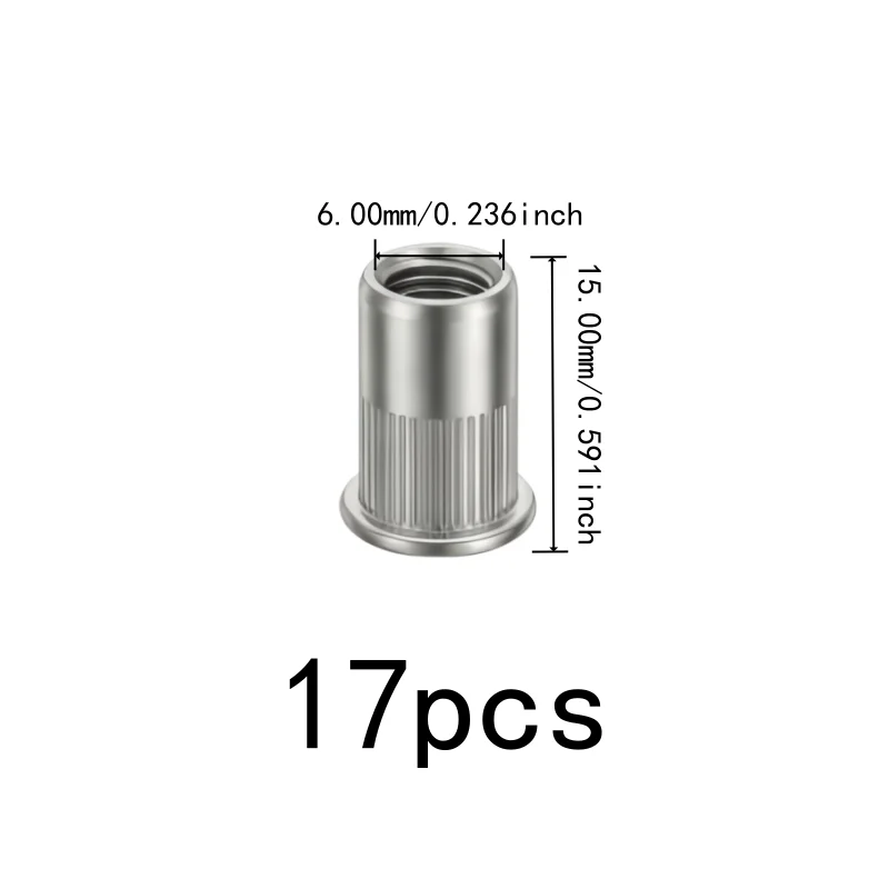 Anti-Slip Embedded Design Knurled Rivet Nuts 17 pcs M6, perfect for Automotive Repair, Stainless Steel, Multipurpose