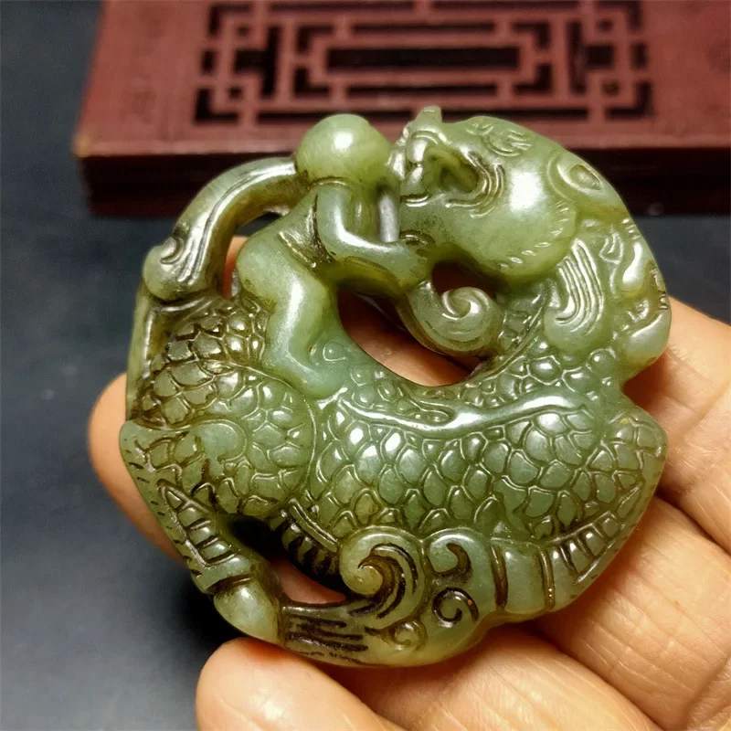Jade Antique Imitation Crafts Xiu Jade Carving Hollow Double-Sided Work Qilin Sending Child Pendant Jade Pendant Hanging