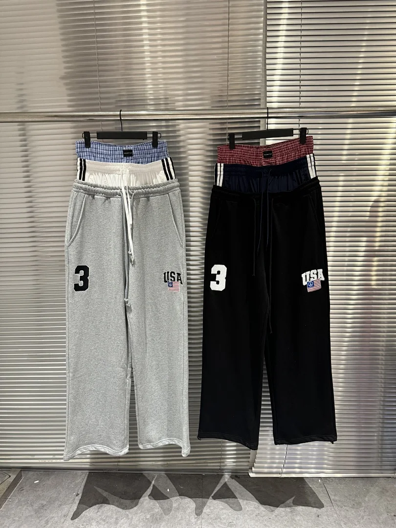 Fashion Street Brand 25SS Fake Triple Waist Drawstring Sweatpants USA Flag Embroidered Patchwork Wide Leg Streetwear Pants