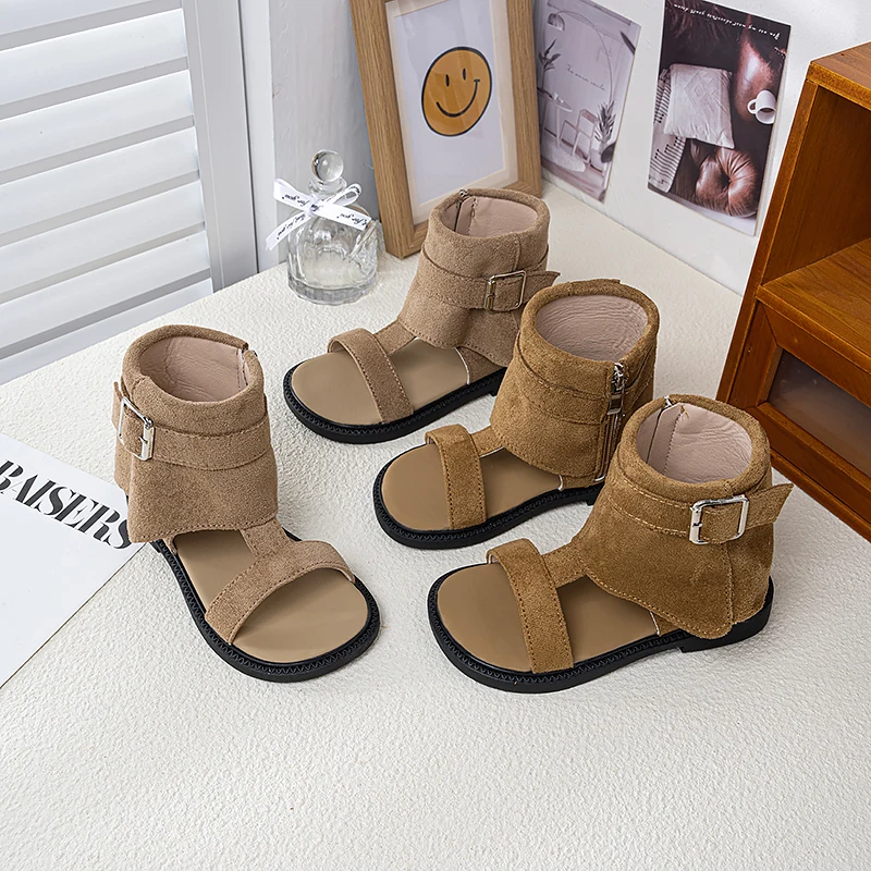 Mumoresip Girls Retro Gladiator Sandals Fashion Summer Children's Roman Sandals Solid Color High-top Causal Kids Flat Sandals