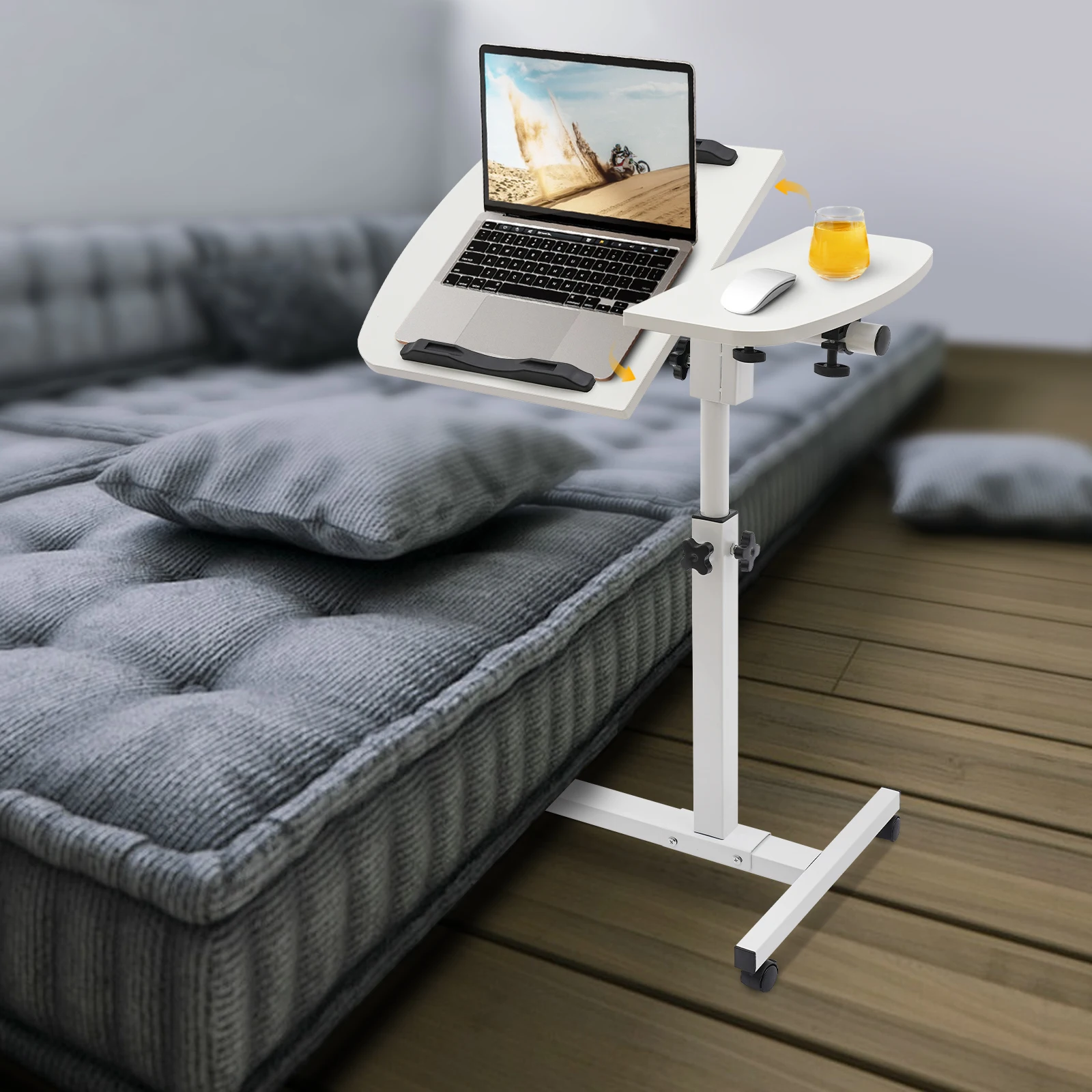 Laptop Desk Stand 360° Adjustable Tilting Overbed Table Computer Table C Shape Notebook Stand with 4 Lockable Wheels for Bed Sofa Office