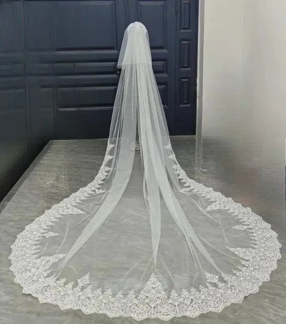 

Real picture 2 Layer Ivory White sequin Lace Wedding Veil Cathedral Length Bridal Veil Bride Accessories novias boda