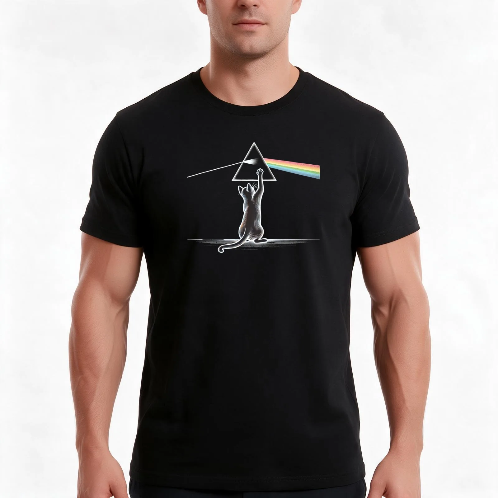 Cat and Prism Rainbow T-Shirt, Summer Casual Cotton Tee, Oversized Streetwear Tops, Vintage Graphic Print, Unisex Men Women