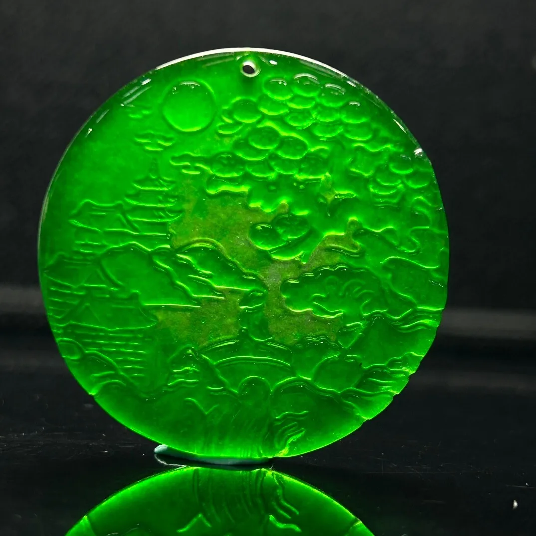 Natural ice Green Burmese jade Jadeite CARVED Landscape lucky Pendant&Necklaces