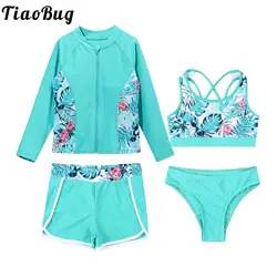 Kids Girls 4PCS Printed Swimsuit Long Sleeve Outerwear with Sleeveless Crop Top Briefs Shorts Bathing Suit Rash Guard Swimwear