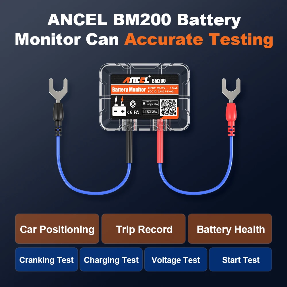 ANCEL BM200 Wireless Bluetooth 12V Battery Monitor Car Battery Health Monitoring Battery Tester Support Max 4 Cars Monitor