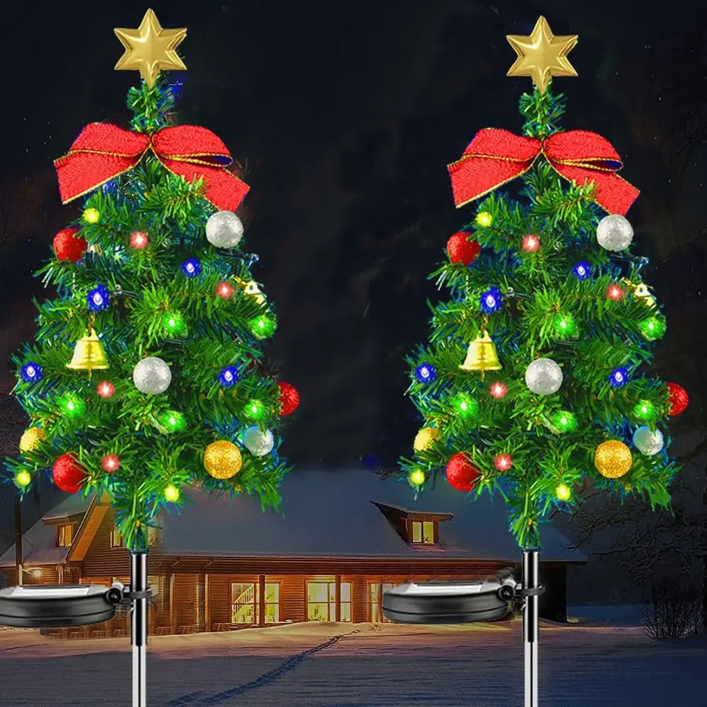 Simulated Spotlight Christmas Tree Floor Lights LED Four Colors Solar Christmas Tree Lights Bow Waterproof Yard