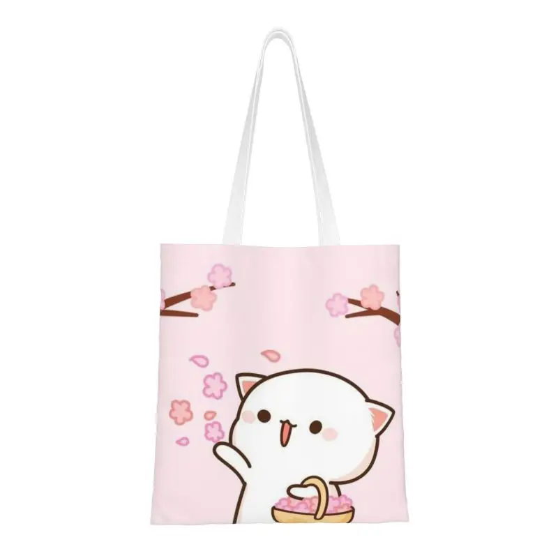 Fashion Kawaii Mochi Cat Peach And Goma Shopping Tote Bags Recycling Canvas Groceries Shoulder Shopper Bag