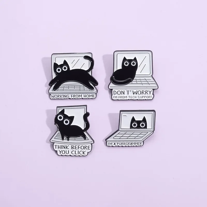 Cartoon Black Cat Brooch Enamel Pins Creative THINK BEFORE YOU CLICK Lapel Hat Badges WORKING FROM HOME Jewelry Ornaments Gifts