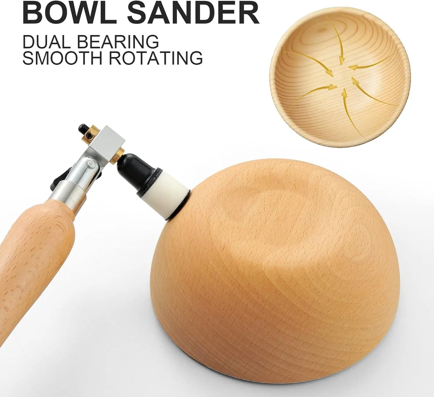 1" and 2" Bowl Sandpaper Kit with Hook and Loop Sand Paper Foam Interface Pads 13" Long Hardwood Handle and Dual Bearing Head