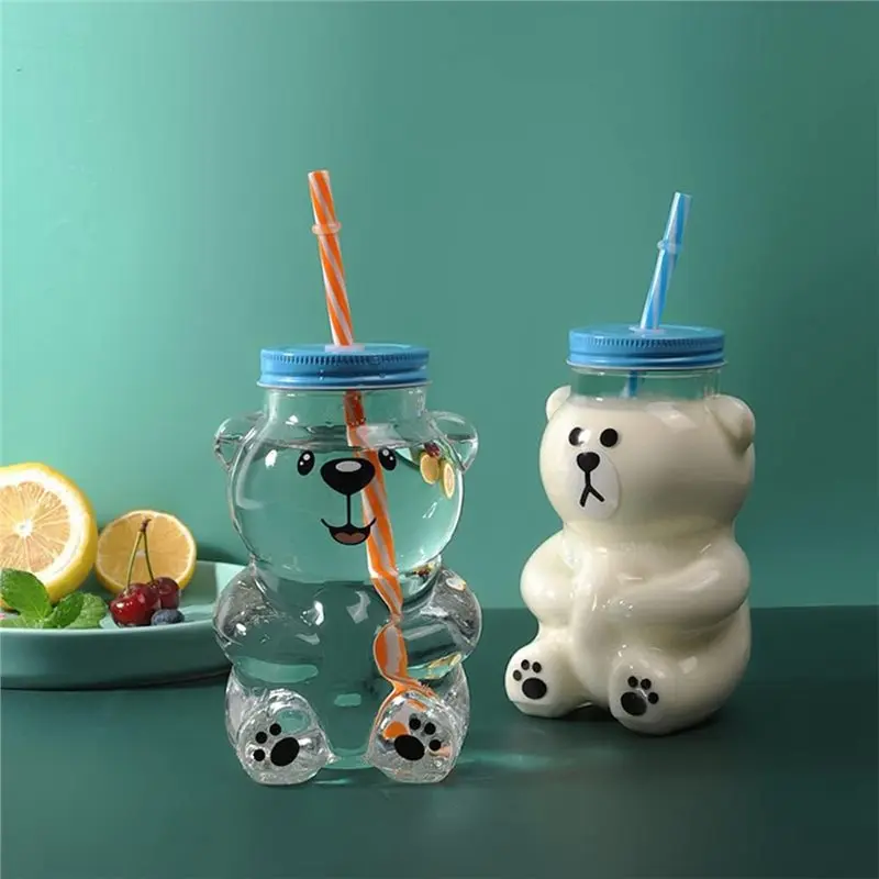 Glass Sippy Cup 18.6Oz Kawaii Bear Design With Lid And Straw(Straw Color Random) Cute For Beverages Smiling Bear-B61B