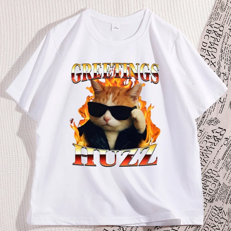 

Greetings Huzz Funny Cat Meme T-shirt Silly Cats Tshirt Unhinged Clothes Weird Tee Casual Loose Graphic Tshirts Men's T-shirts