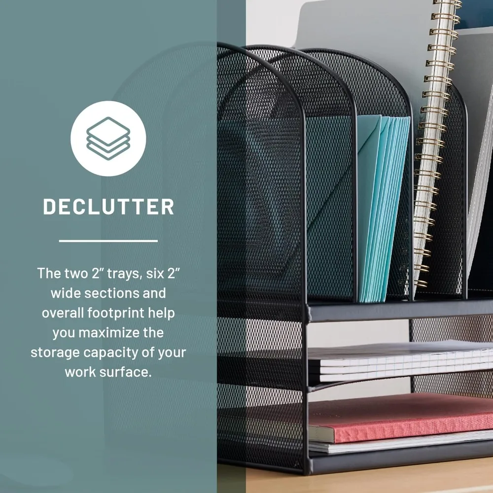 Premium Steel Mesh Desk Organizer, 6 Vertical Compartments & 2 Trays, Office Mail Sorter for Paper Files