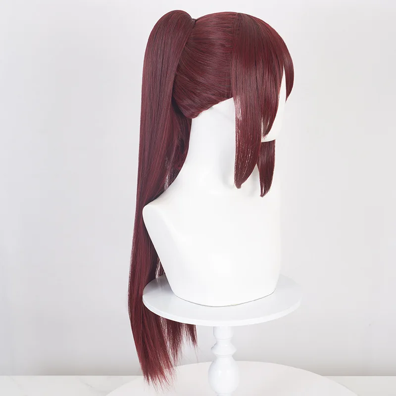 마법소녀 마도카 마기카의 호무라 아케미의 짙은 빨간색 가발 코스프레는 헤어 클립으로 고정된 단일 포니테일을 가지고 있습니다.
