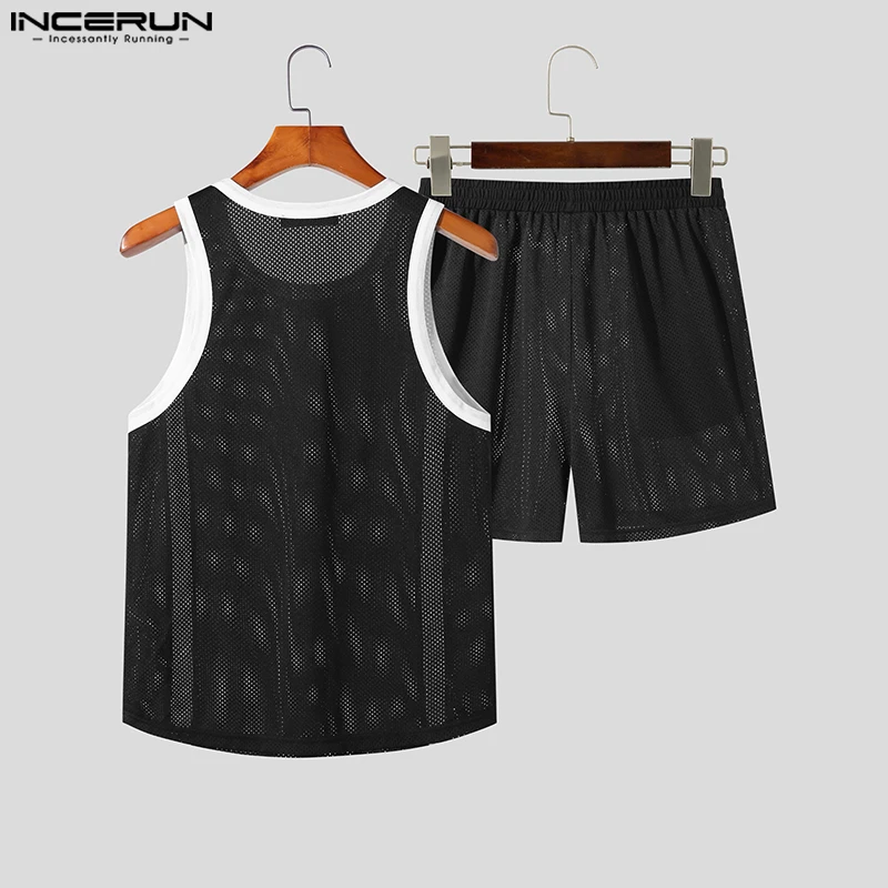 INCERUN 2023 Korean Style Mens Sets Sleeveless Tank Tops Shorts Handsome Men\'s Fashion Black&White Contrast Two Piece Sets S-5XL