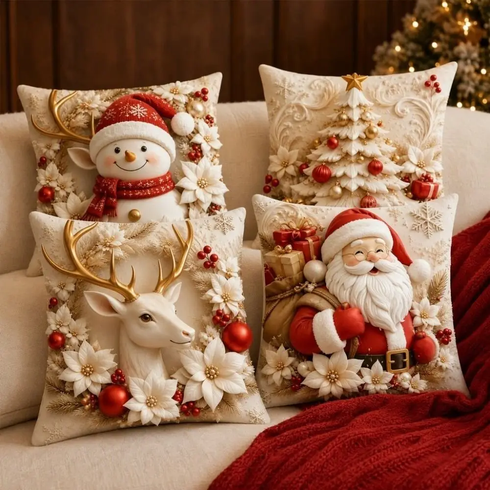 Soft Christmas Pillow Cover Santa Claus Elk Deer Xmas Tree Pillowslip 45cm 17.72in Square Snowman Pillow Cover Living Room Sofa