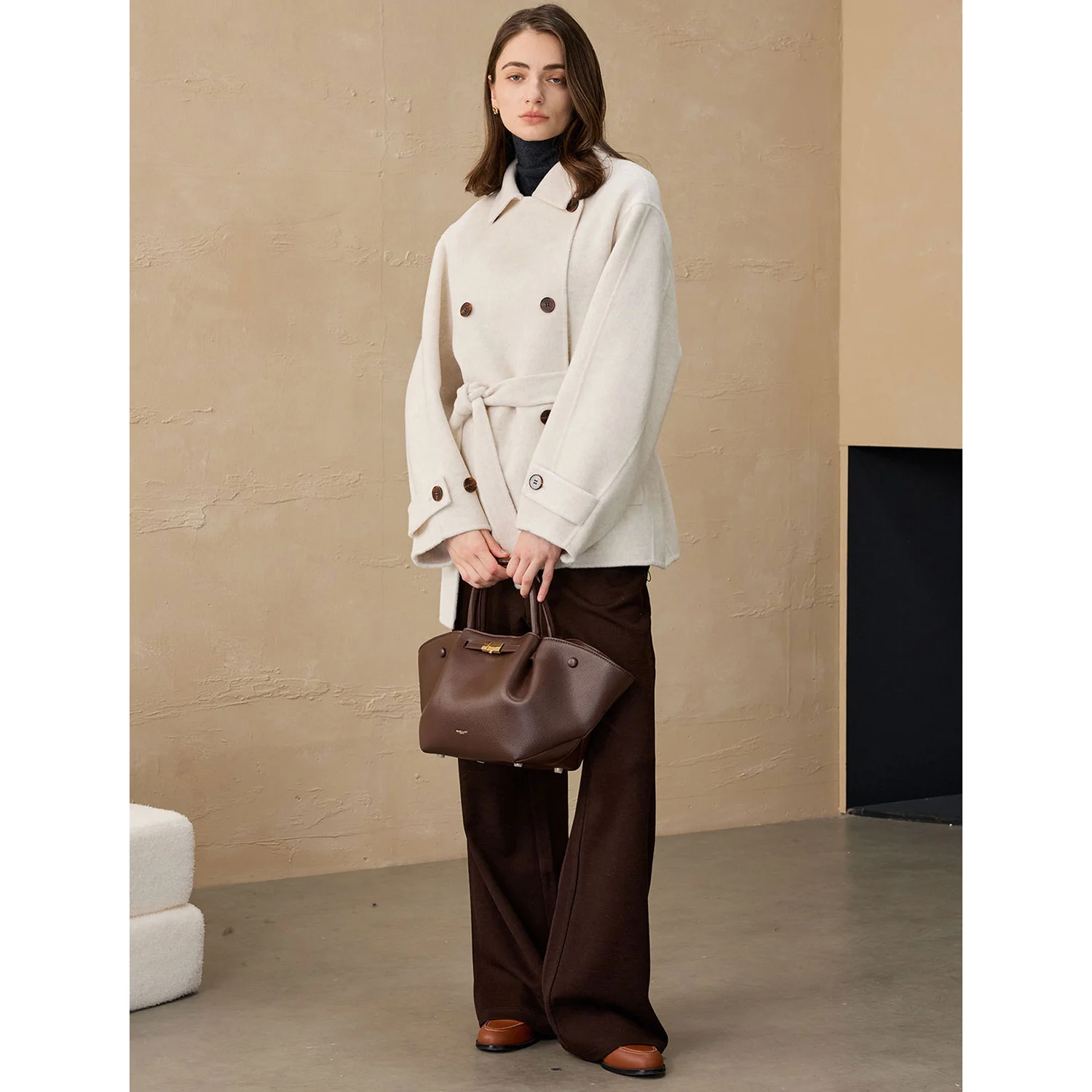 Allingentle Women's Suit Double-Breasted Blazer Woolen Fashion Jacket with Belt for Party Daily Casual Outfits Customize