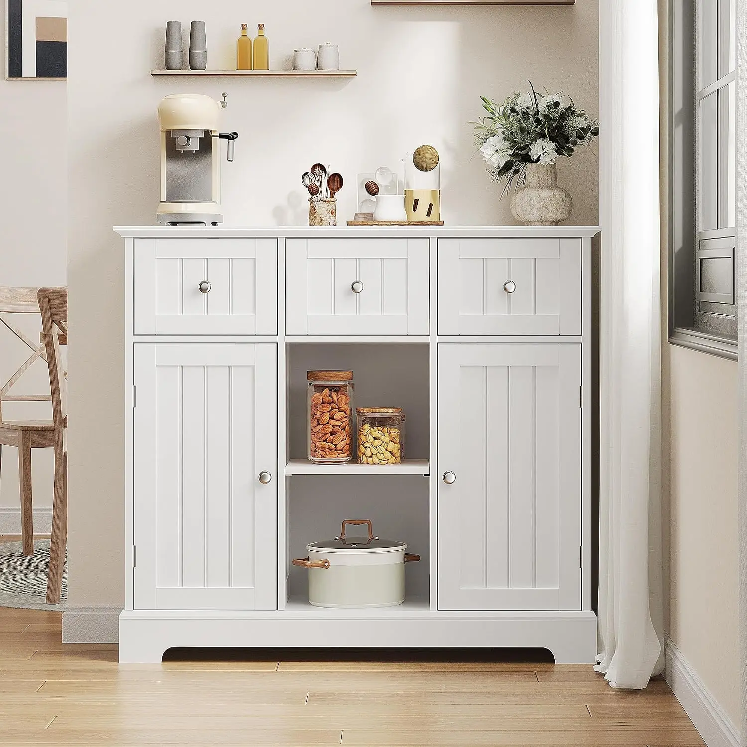 White Coffee Bar Cabinet with 3 Drawers & 2 Doors, 35.4