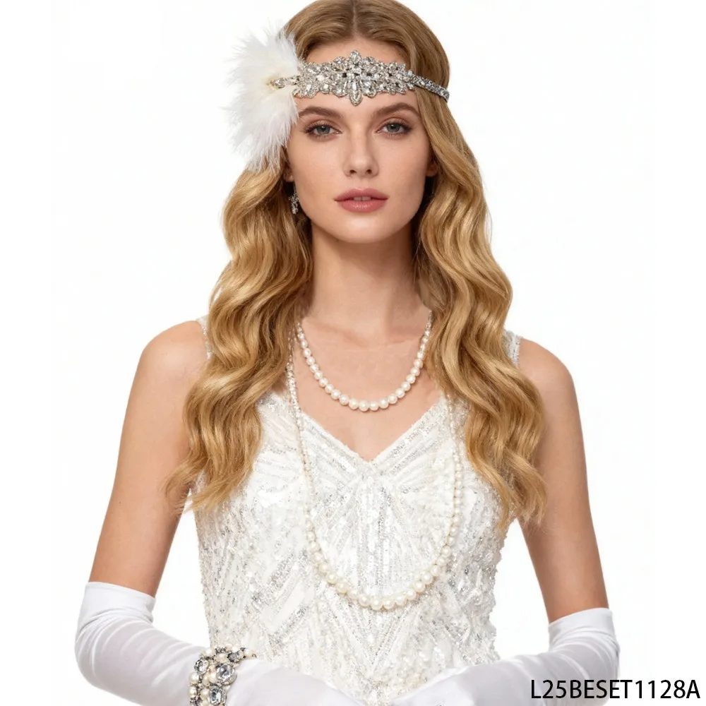 

PESENAR Vintage White Feather Diamond Set Headband Pearl Jewelry Gloves Elegant Luxury Retro Party Outfit
