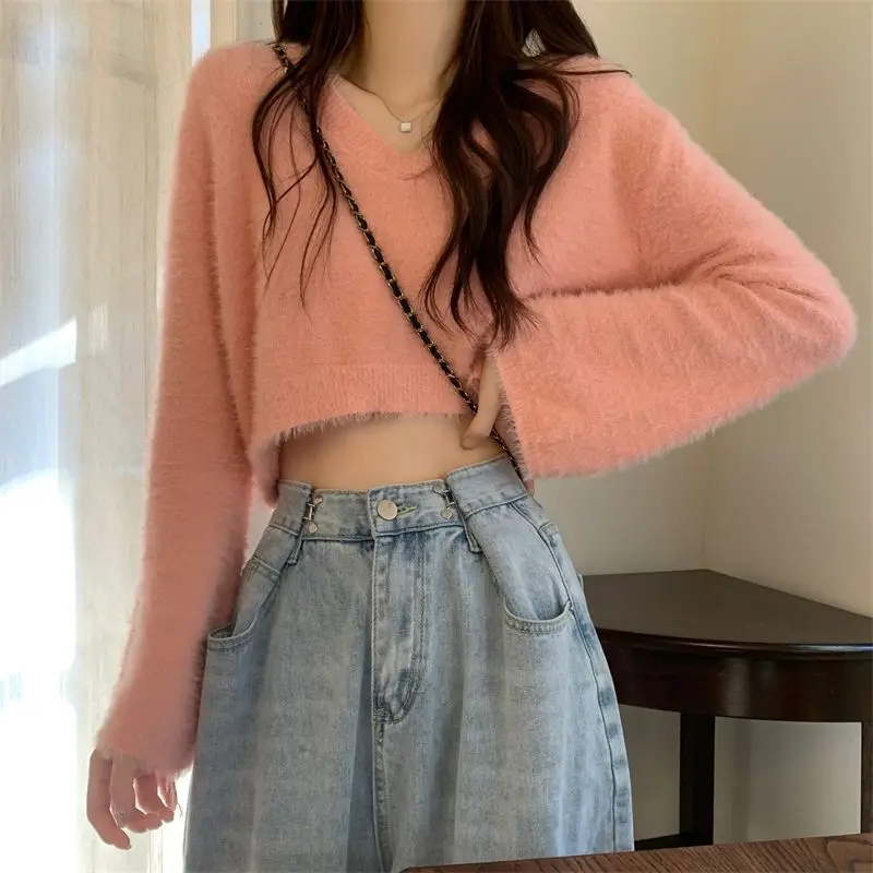 Faux Mink Velvet Pullovers Women Short V-neck Loose Basic Ins Autumn Winter Korean Solid Fluffy Gentle All-match Female Graceful