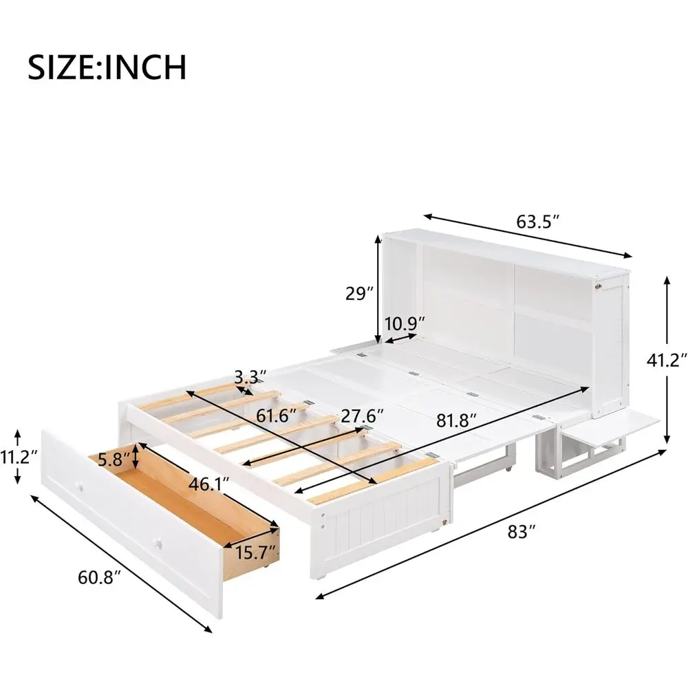 Queen Size Mobile Platform Murphy Bed with Desk and Little Shelves on Each Side, Traditional Solid Wood Cube Cabinet Bed for Gue