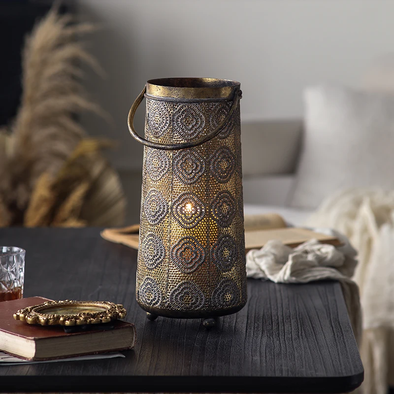 Vintage Metal Candle Lantern, Moroccan Candle Holder, Decorative Perforated Table Centerpiece, Boho Rustic Lantern, Home Decor