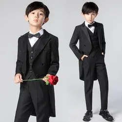 Children Luxurious Piano Performance Costume Kids Wedding Wear Boys Black Long Tuxedo Dress Jacket Vest Pants Photography Suit