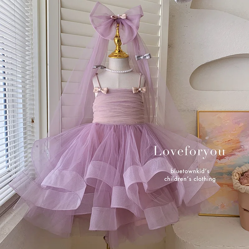 High End Girls Dress Summer Beautiful Children Suspender Pink Princess Dress Fluffy Mesh Birthday Dress