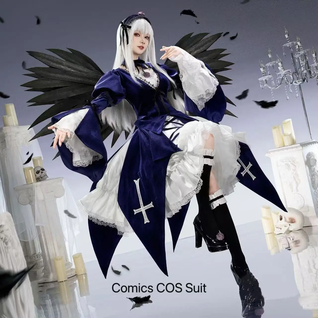 

Gothic Style Rose Maiden Cosplay Costume Girls Large Lace Hemline Lolita Ladies Halloween Street Anime Event Velvet Dress Set
