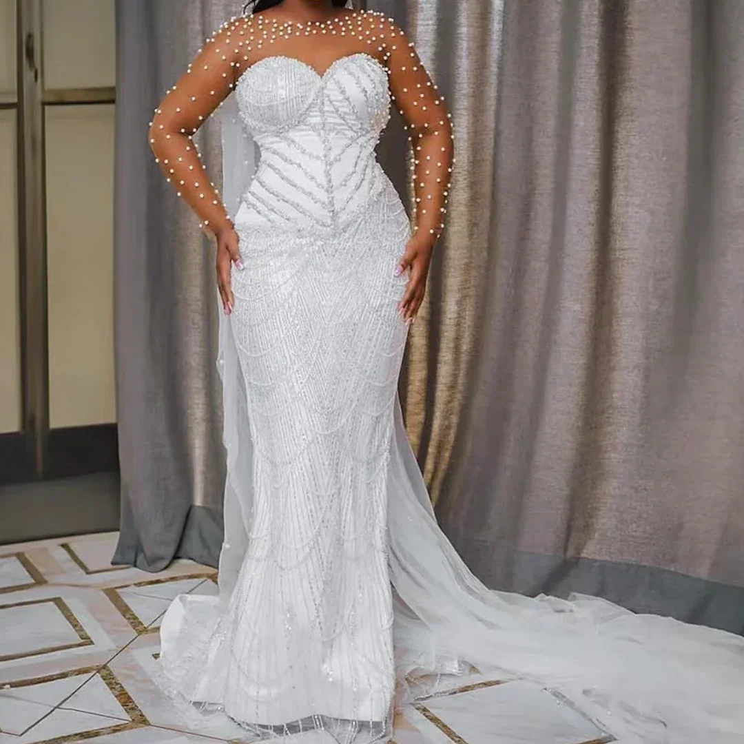 

Lace Appliques Long Sleeves Bridal Dress Luxury Pearls Plus Size Mermaid Wedding Gowns With Detachable Train Customized