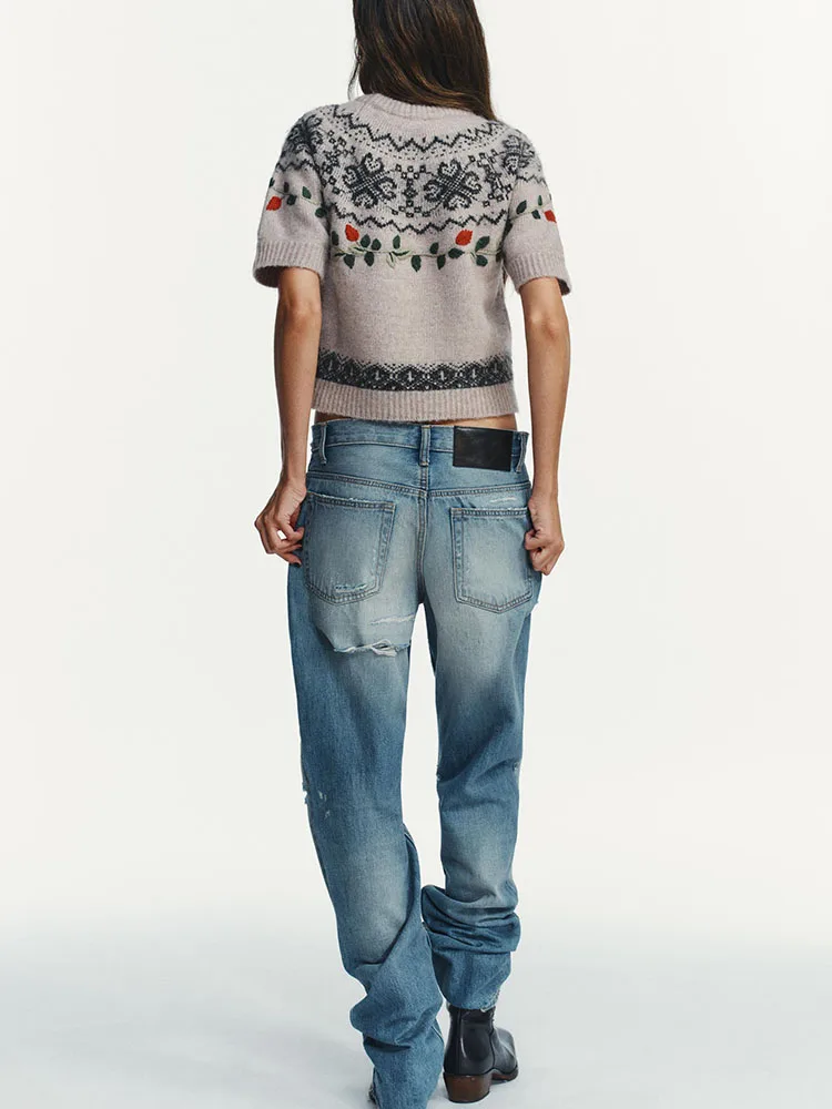 Top de Punto Dulce con Cuello Redondo, Manga Corta, Patrón Flordado, Nueva Llegada Invierno 2025, Moda Femenina Estilo ...