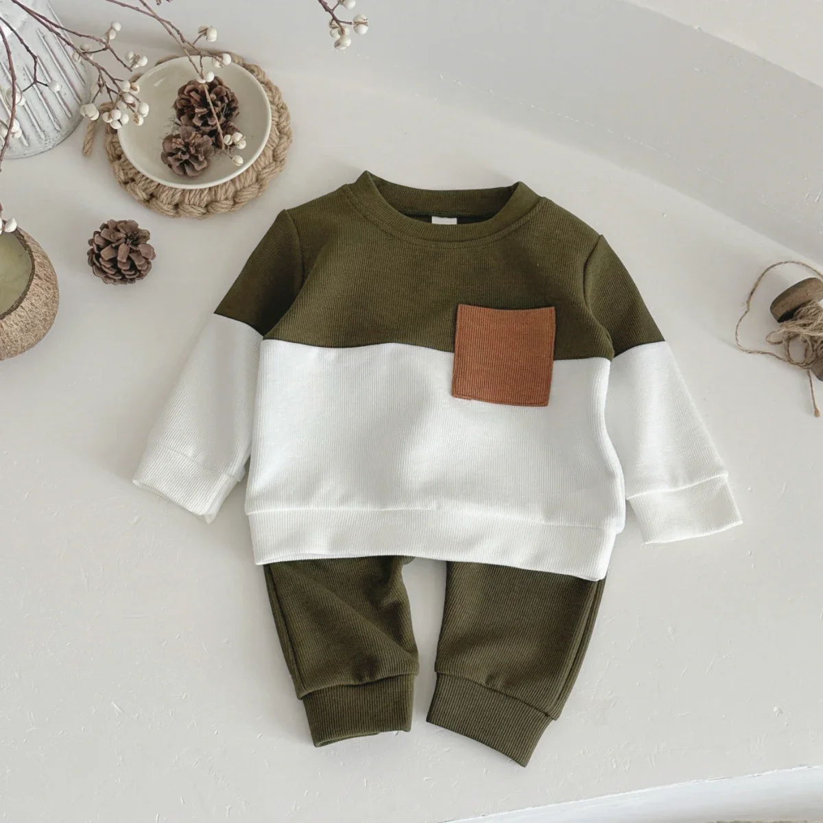 Newborn Waffle Knit Clothes Set Baby Boys Color Block Long Sleeve Top & Jogger Pants 2Pcs Outfit 3