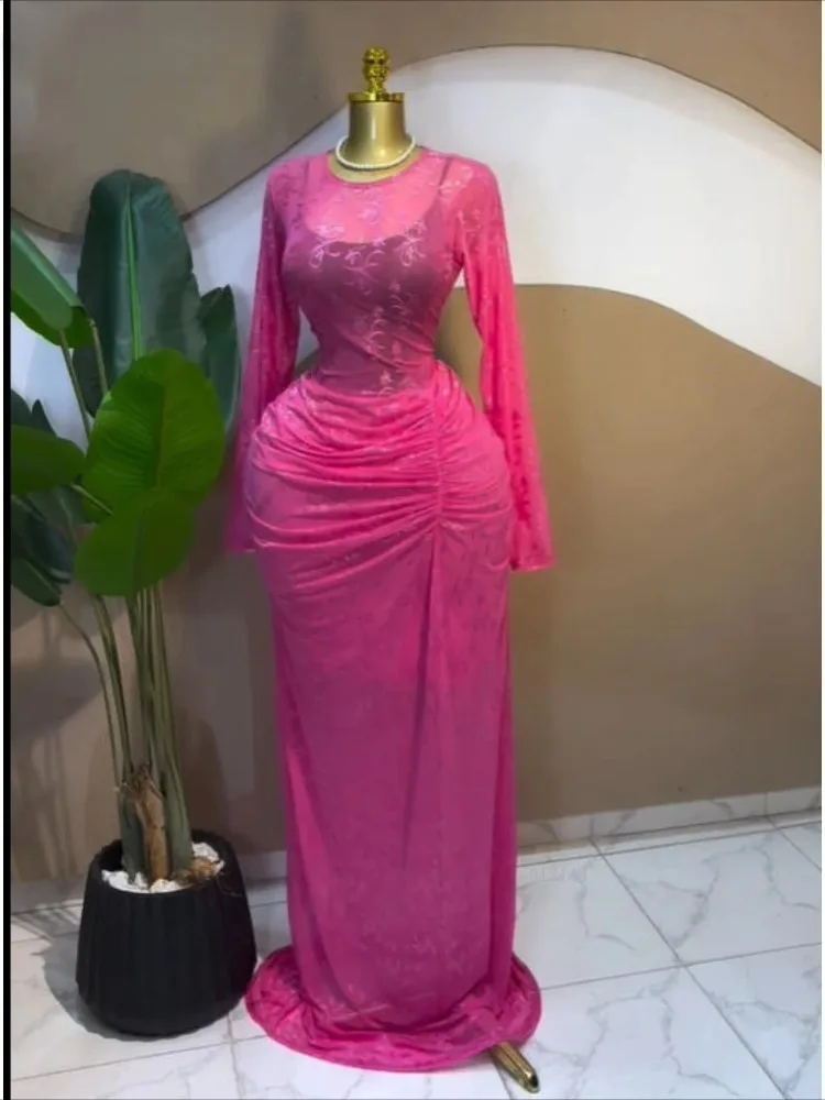 2026 Elegant Women Long Sleeve Ruched Mesh See Though with Lining Bodycon Long Dress Fall Evening Birthday Sexy Party Dresses