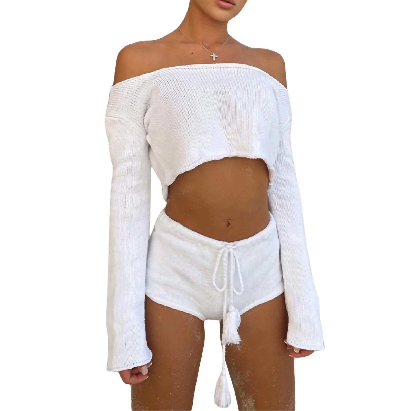 Women Knitted Two Piece Summer Outfits Off Shoulder Knit Crop Tube Top Shorts Striped Lounge Sets