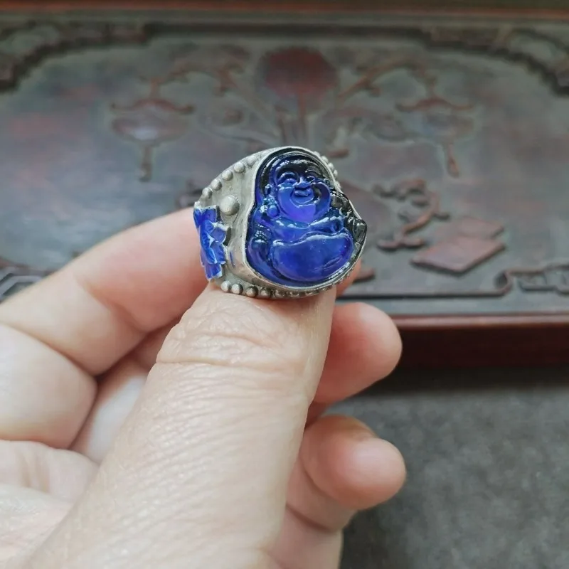 Vintage Import Buddha Ring With Antique Patina, Inlaid Color Changing Gemstone Adjustable Collectible Finger Jewelry