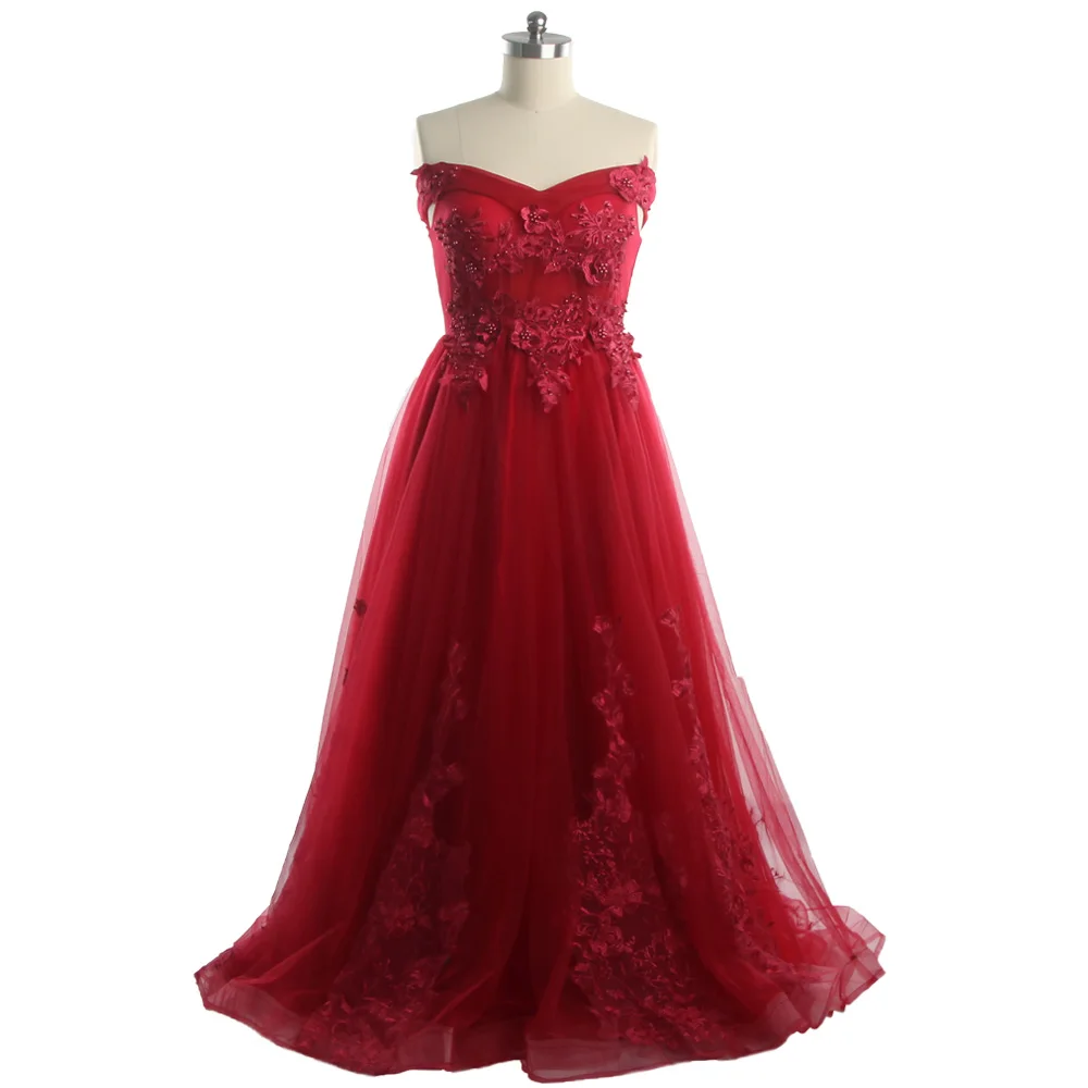 

Evening Dresses Burgundy Off the Shoulder Appliques Beading Lace up Tulle A-line Floor Length Plus Size Women Party Dress CH003