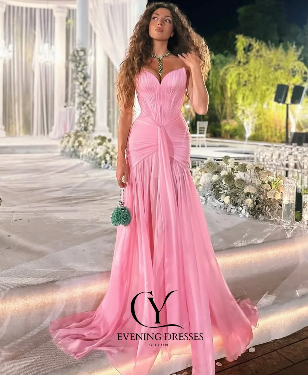 Cuyun novo luxo rosa feminino vestidos de noite sem alças chiffon plissado vestido de festa personalizado formal ocasião vestido de banquete