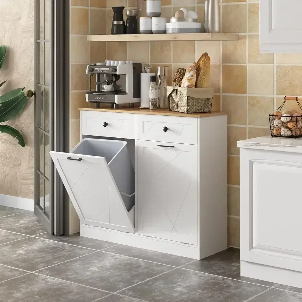 Double Waste Bin Cabinet, Pet Proof Trash Holder, Concealed Standing Recycling Storage for Kitchen or Living Room in White