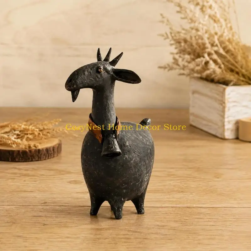 92MF Goat Shelf Decors in Resin with Hand-Painted Farmhouse Styling, Textured Detail, and Collar Bells Accent for the Home