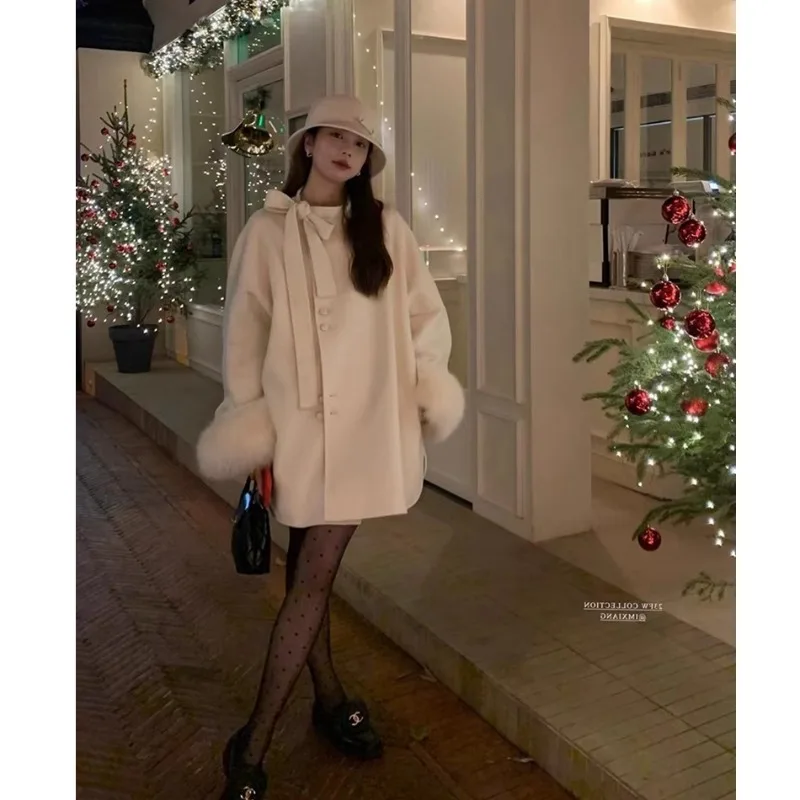 

Miiiix Korean Fashion Bow Detachable Faux Fox Fur Sleeve 2023 Winter Loose Casual Double-sided Woolen Coat Female Clothing