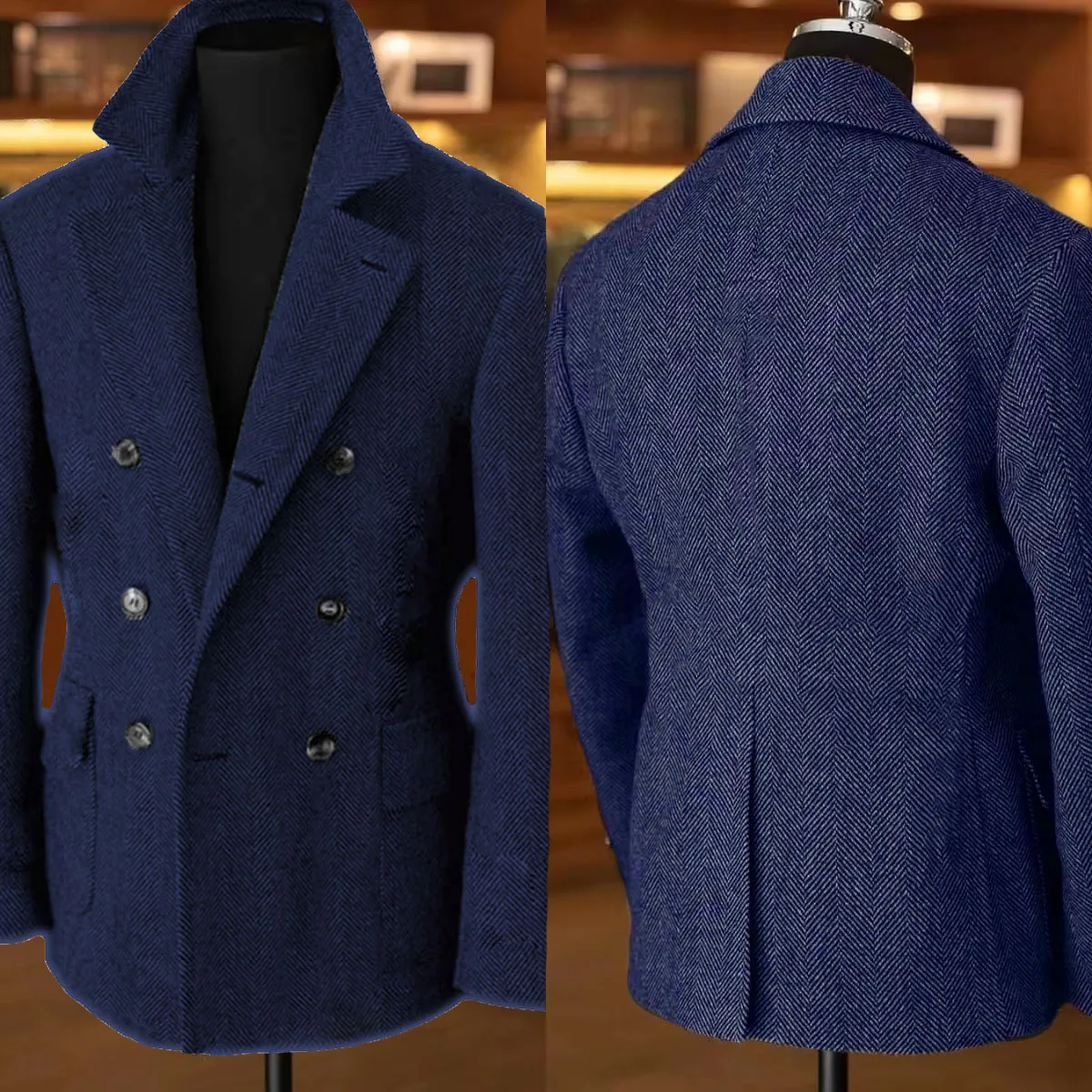 British Men's Blazers Vintage Herringbone Tweed Formal Jacket Wool Blend Double Breasted Casual With Straps Sport Suit Coat