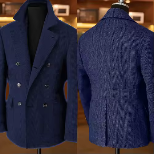 British Men's Blazers Vintage Herringbone Tweed Formal Jacket Wool Blend Double Breasted Casual Autumn Winter Suit Coat - Image 3
